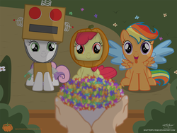 Size: 2571x1934 | Tagged: safe, artist:shutterflyeqd, apple bloom, rainbow dash, scootaloo, sweetie belle, human, pegasus, pony, robot, g4, adorabloom, candy, clothes, costume, cute, cutealoo, cutie mark crusaders, diasweetes, female, flower, food, grass, halloween, halloween costume, looking at you, mare, nightmare night, nightmare night costume, offscreen character, pov, pumpkin, shutterflyeqd is trying to murder us, smiling, sweetie bot, tongue out