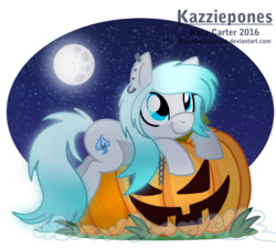 Size: 1024x927 | Tagged: safe, artist:kazziepones, oc, oc only, oc:willow wisp, ear piercing, earring, jack-o-lantern, jewelry, piercing, pumpkin, simple background, solo, transparent background, watermark