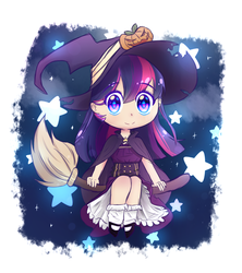 Size: 800x900 | Tagged: safe, artist:patty-plmh, twilight sparkle, human, g4, broom, chibi, clothes, cloud, costume, female, flying, flying broomstick, hat, humanized, jack-o-lantern, looking at you, night, nightmare night, pumpkin, sitting, smiling, solo, stars, witch, witch hat