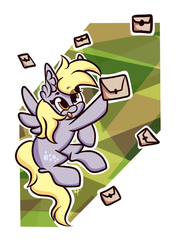 Size: 1960x2705 | Tagged: safe, artist:hedgehog-plant, derpy hooves, pegasus, pony, g4, abstract background, female, flying, letter, mare, solo