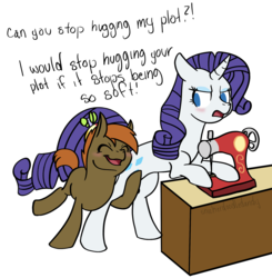 Size: 1956x1998 | Tagged: safe, artist:snickerdoodledandy, button mash, rarity, pony, unicorn, g4, bad touch, blushing, butt, butthug, duo, eyes closed, hug, male, molestation, no catchlights, no pupils, nuzzling, one sided shipping, personal space invasion, plot, rarimash, sewing machine, shipping, simple background, soft, straight, white background
