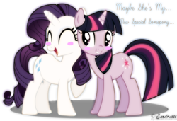 Size: 1082x739 | Tagged: safe, artist:rarltles, rarity, twilight sparkle, pony, unicorn, g4, blush sticker, blushing, duo, eyes closed, female, lesbian, mare, open mouth, raised hoof, ship:rarilight, shipping, signature, simple background, smiling, transparent background, unicorn twilight