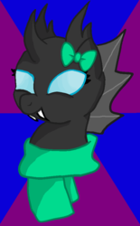 Size: 523x844 | Tagged: safe, artist:vorian caverns, oc, oc only, oc:axis the changeling, changeling, blue eyes, bow, bust, changeling oc, clothes, portrait, scarf, sketch, smiling, solo