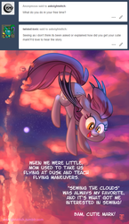 Size: 800x1375 | Tagged: safe, artist:1trick, oc, oc only, oc:night stitch, bat pony, pony, ask night stitch, ask, cloud, cute, dusk, evening, floppy ears, flying, happy, looking down, moon, open mouth, prehensile tail, sky, smiling, solo, spread wings, stars, tumblr