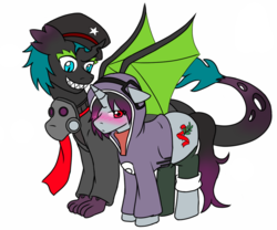 Size: 1163x967 | Tagged: safe, artist:jolliapplegirl, oc, oc only, oc:illusive spark, oc:olive branch, pony, unicorn, best friends, blushing, changeling hybrid, changeling oc, clothes, cosplay, costume, dragon hybrid, fangs, gas mask, grin, halloween, hoodie, interspecies offspring, kagerou days, kagerou project, kido tsubomi, magical gay spawn, mask, next generation, nightmare night, offspring, parent:amber leaf, parent:golden laurel, parent:king sombra, parent:spike, parent:thorax, parents:thoraxspike, romantically apocalyptic, scarf, smiling, socks, wings, zee captain
