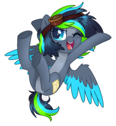 Size: 2140x2328 | Tagged: safe, artist:hawthornss, oc, oc only, oc:lottie ashmore, pegasus, pony, cute, dock, flying, freckles, goggles, high res, looking at you, one eye closed, open mouth, simple background, solo, transparent background, underhoof, wink