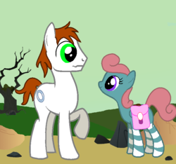 Size: 687x642 | Tagged: safe, artist:vorian caverns, oc, oc only, oc:able, oc:vorian caverns, earth pony, pegasus, pony, fallout equestria, brown hair, curly hair, cute, cutie mark, dead tree, dirt road, eye contact, female, green eyes, leaning forward, leg stripes, looking at each other, looking down, looking up, male, mare, pink hair, purple eyes, raised hoof, rock, saddle bag, short, short hair, simple background, smiling, stallion, tree, unsure, wavy mouth, wide eyes, young