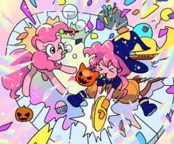 Size: 1200x1000 | Tagged: dead source, safe, artist:quizia, pinkie pie, human, equestria girls, g4, balloon, clothes, cupcake, cute, diapinkes, duo, eyes closed, food, halloween, human ponidox, musical instrument, nightmare night, party, party horn, self ponidox