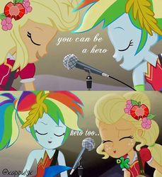Size: 750x818 | Tagged: safe, artist:@xappulsx, edit, edited screencap, screencap, applejack, rainbow dash, equestria girls, g4, my little pony equestria girls: legend of everfree, clothes, discovery kids, eyes closed, female, legend you were meant to be, microphone, open mouth