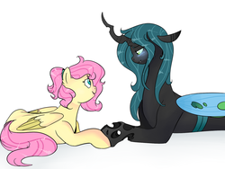 Size: 1024x768 | Tagged: safe, artist:howlingatthemoon654, artist:soft-arthropod, fluttershy, queen chrysalis, changeling, changeling queen, pegasus, pony, g4, alternate hairstyle, beautiful, blushing, chrysashy, crack shipping, cute, cutealis, eye contact, female, hoof hold, lesbian, looking at each other, mare, open mouth, shipping, shyabetes, simple background, white background