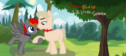 Size: 1006x448 | Tagged: safe, artist:livvyloulou, oc, oc only, oc:arian blaze, oc:vital sparkle, earth pony, pegasus, pony, base used, bowtie, collar, forest, hoof hold, lidded eyes, looking at each other, smiling