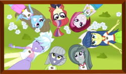 Size: 1814x1073 | Tagged: safe, artist:punzil504, beauty brass, cayenne, cloudchaser, fiddlesticks, limestone pie, marble pie, moondancer, equestria girls, g4, my little pony equestria girls: legend of everfree, alternate universe, apple family member, camp everfree, clothes swap, equestria girls-ified, mane six