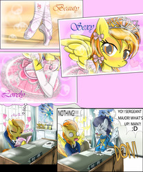 Size: 5000x6000 | Tagged: safe, artist:avchonline, fleur-de-lis, soarin', spitfire, pony, semi-anthro, g4, :3, ><, >w<, absurd resolution, arm hooves, ballerina, ballet slippers, bipedal, blushing, bow, canterlot royal ballet academy, clothes, comic, comic book, daydream, desk, dress, embarrassed, engrish in the description, evening gloves, eyes closed, eyeshadow, gloves, japanese, jewelry, makeup, my melody, phone, poster, sanrio, shocked, spitfire's office, spittyrina, spread wings, stockings, surprised, thought bubble, tiara, tomboy taming, tutu, uniform, wingboner, wonderbolts dress uniform, wonderbolts poster, wonderbolts uniform