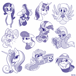 Size: 1200x1204 | Tagged: safe, artist:sorcerushorserus, daring do, derpy hooves, moondancer, octavia melody, princess cadance, rarity, scootaloo, shining armor, trixie, vapor trail, zecora, alicorn, earth pony, pegasus, pony, unicorn, zebra, g4, angry, annoyed, bedroom eyes, blushing, bound, bowtie, bucket, bust, clothes, crying, cute, food, frown, glasses, halloween, halloween costume, levitation, lidded eyes, lineart, liquid pride, looking at you, magic, measuring tape, mirror, monochrome, muffin, open mouth, portrait, rope, shout, shy, simple background, sleepy, smiling, telekinesis, that pony sure does love muffins, tied up, white background, wide eyes, wonderbolts uniform