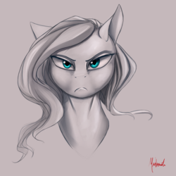 Size: 1000x1000 | Tagged: safe, artist:miokomata, fluttershy, g4, bust, female, frown, glare, looking at you, portrait, serious face, simple background, solo, unamused