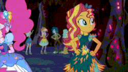 Size: 720x406 | Tagged: safe, screencap, derpy hooves, flash sentry, lyra heartstrings, paisley, pinkie pie, sunset shimmer, equestria girls, g4, legend of everfree - bloopers, my little pony equestria girls: legend of everfree, animated, animated actors, big lipped alligator moment, blooper, crystal gala, crystal gala dress, female, gif, pinkie's mindspace, sunset sees things