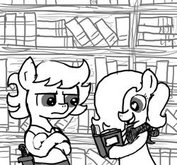 Size: 640x600 | Tagged: safe, artist:ficficponyfic, oc, oc only, oc:emerald jewel, oc:ruby rouge, earth pony, pony, colt quest, bandana, belt, book, bookshelf, bored, child, collage, colt, crossed arms, excited, female, femboy, filly, frown, hair over one eye, happy, heart, heart eyes, knife, library, male, reading, smiling, story included, temple, tomboy, wingding eyes