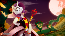Size: 1000x562 | Tagged: safe, artist:arctic-fox, rarity, g4, alice in wonderland, bipedal, clothes, crossover, crown, disney, female, full moon, halloween, jewelry, mare in the moon, moon, night, night sky, patreon, patreon logo, queen of hearts, regalia, scenery, scepter, solo