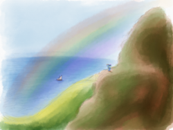 Size: 2048x1536 | Tagged: safe, artist:stuflox, rainbow dash, g4, boat, female, island, ocean, rainbow, solo