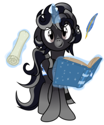 Size: 2354x2827 | Tagged: safe, artist:avarick, oc, oc only, oc:mythical spell, pony, unicorn, book, clothes, high res, looking at you, magic, quill, scarf, scroll, simple background, smiling, solo, transparent background