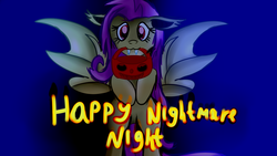 Size: 1280x720 | Tagged: safe, artist:jbond, fluttershy, bat pony, pony, g4, cute, female, flutterbat, flying, halloween, holiday, looking at you, mouth hold, nightmare night, postcard, pumpkin bucket, race swap, shyabates, shyabetes, solo, text