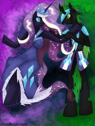 Size: 1024x1365 | Tagged: safe, artist:asinglepetal, nightmare rarity, oc, changeling, anthro, unguligrade anthro, g4, clothes, crown, dancing, dress, jewelry, looking at each other, male, regalia, shipping, smiling, straight
