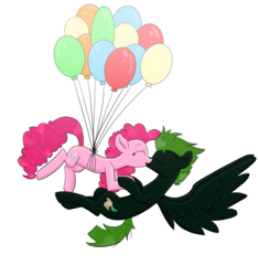 Size: 1505x1605 | Tagged: safe, artist:sisirr, pinkie pie, oc, oc:boker horizon, g4, balloon, canon x oc, kissing, then watch her balloons lift her up to the sky