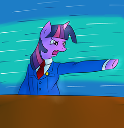 Size: 1399x1432 | Tagged: safe, artist:my-little-brony, twilight sparkle, g4, ace attorney, clothes, crossover, female, necktie, objection, phoenix wright, solo, suit