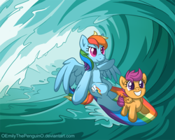 Size: 900x720 | Tagged: safe, artist:oomles, rainbow dash, scootaloo, pegasus, pony, g4, bipedal, duo, duo female, female, filly, foal, gritted teeth, mare, ocean, scootalove, smiling, surfboard, surfing, teeth, water, wave