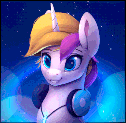 Size: 585x574 | Tagged: safe, artist:rodrigues404, oc, oc only, oc:sprinkles, pony, unicorn, animated, blinking, bust, colored pupils, gif, glowstick, headphones, portrait, shooting star, smiling, solo