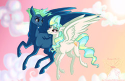 Size: 1024x665 | Tagged: safe, artist:shimmycocopuffssx1, sky stinger, vapor trail, pegasus, pony, g4, blushing, duo, female, flying, male, mare, ship:vaporsky, shipping, stallion, straight