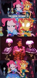 Size: 846x1768 | Tagged: safe, edit, edited screencap, screencap, pinkie pie, sunset shimmer, equestria girls, g4, legend of everfree - bloopers, my little pony equestria girls: legend of everfree, david s pumpkins, meme, pinkie's mindspace, saturday night live, screencap comic, snl, sunset sees things, tom hanks