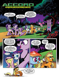 Size: 720x960 | Tagged: safe, artist:andy price, idw, applejack, fluttershy, pinkie pie, rainbow dash, rarity, spike, starlight glimmer, twilight sparkle, alicorn, pony, chaos theory (arc), friendship is magic #48, g4, my little pony: friendship is magic (idw), spoiler:comic, accord (arc), mane six, part the first: from chaos comes order, preview, twilight sparkle (alicorn)