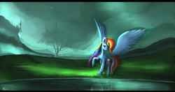 Size: 5041x2664 | Tagged: safe, artist:auroriia, rainbow dash, pony, g4, canterlot, female, large wings, looking at you, scenery, solo, spread wings