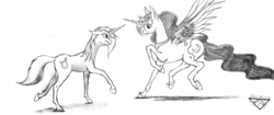 Size: 4096x1714 | Tagged: safe, artist:daisyazuras, lyra heartstrings, princess luna, g4, grayscale, monochrome, simple background, traditional art