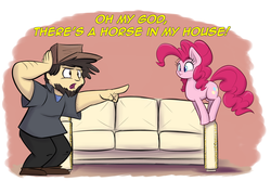 Size: 3000x2000 | Tagged: safe, artist:heir-of-rick, pinkie pie, earth pony, human, pony, g4, couch, crossover, cute, dialogue, diapinkes, female, food games, high res, human male, jontron, male, mare