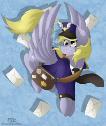 Size: 1609x1920 | Tagged: safe, artist:missydakota, derpy hooves, pegasus, pony, g4, female, flying, letter, mailbag, mailmare, mare, solo, tongue out