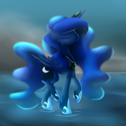 Size: 1024x1024 | Tagged: safe, artist:appleluna28, princess luna, alicorn, pony, g4, eyes closed, female, mare, ripple, solo, walking on water