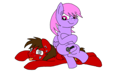 Size: 1280x720 | Tagged: safe, artist:pridark, artist:toyminator900, oc, oc only, oc:chip, oc:melody notes, pegasus, pony, duo, simple background, smiling, sweat, swirly eyes, tongue out, trace, transparent background, unconscious, wrestling