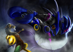 Size: 1500x1063 | Tagged: safe, artist:d-lowell, discord, dragon, g4, crossover, fight, final boss, metal madness, metal overlord, metal sonic, sega, sonic heroes, sonic the hedgehog, sonic the hedgehog (series)