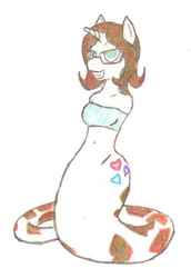 Size: 502x730 | Tagged: safe, artist:thelovelyvocal, oc, oc only, oc:pyrisa miracles, lamia, original species, snake, snake pony, anthro, armless, bandeau, belly button, glasses, midriff, solo, species swap