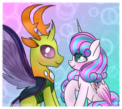 Size: 1024x909 | Tagged: safe, artist:northlights8, princess flurry heart, thorax, changedling, changeling, pony, g4, to where and back again, colored wings, colored wingtips, duo, king thorax, male, older, older flurry heart, ship:flurrax, shipping, straight