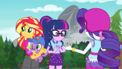 Size: 853x480 | Tagged: safe, screencap, rarity, sci-twi, spike, spike the regular dog, sunset shimmer, twilight sparkle, dog, equestria girls, g4, my little pony equestria girls: legend of everfree, animated, gif