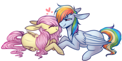 Size: 1471x742 | Tagged: dead source, safe, artist:lullabyprince, fluttershy, rainbow dash, pegasus, pony, g4, duo, eyes closed, female, floppy ears, heart, lesbian, mare, missing cutie mark, nuzzling, prone, ship:flutterdash, shipping, simple background, smiling, transparent background