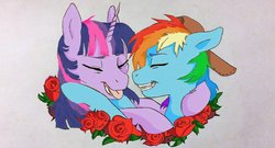 Size: 800x432 | Tagged: safe, artist:themoonraven, rainbow dash, twilight sparkle, pony, g4, baseball cap, eyes closed, female, flower, hat, hug, lesbian, mare, open mouth, rose, ship:twidash, shipping, simple background, tongue out