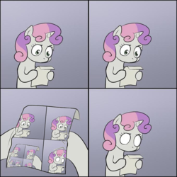 Size: 680x680 | Tagged: safe, sweetie belle, pony, robot, robot pony, unicorn, g4, cognitohazard, divide by zero, droste effect, exploitable meme, female, hooves, horn, logic bomb, mare, meme, recursion, solo, sweetie bot, sweetie's note meme, we need to go deeper