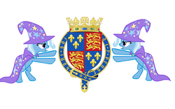 Size: 1384x864 | Tagged: safe, trixie, pony, unicorn, g4, cape, clothes, coat of arms, england, female, hat, heraldry, mare, simple background, supporters, trixie's cape, trixie's hat, white background