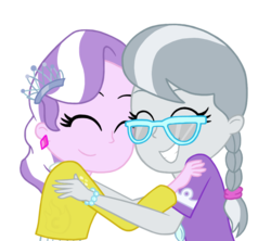 Size: 947x841 | Tagged: safe, artist:drawingaccount, diamond tiara, silver spoon, equestria girls, g4, cute, eyes closed, female, glasses, hug, lesbian, ship:silvertiara, shipping, simple background, smiling, transparent background