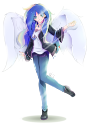 Size: 1417x2006 | Tagged: safe, artist:banzatou, oc, oc only, oc:sapphire heart song, angel, human, anime, blue hair, breasts, cleavage, female, gift art, humanized, humanized oc, multicolored hair, purse, solo