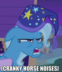 Size: 561x653 | Tagged: safe, edit, edited screencap, screencap, starlight glimmer, trixie, pony, unicorn, g4, to where and back again, annoyed, descriptive noise, faic, grumpy, hat, horse noises, image macro, meme, nightcap, trixie's nightcap